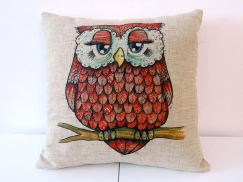 Decorbox Cotton Linen Square Throw Pillow Case Decorative Cushion Cover Pillowcase for Sofa Cute Cartoon Red Owl 18 
