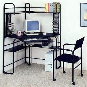 2pc Black Finish Metal Corner Fit Computer Desk Workstation Table +Chair