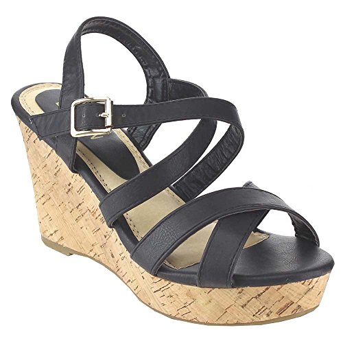 Beston EA47 Women Strappy Criss Cross Slingback Wedge Sandal Run Half Size Small, Color:BLACK, Size:7