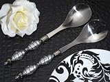 Murano Art Deco Collection Salad Server Set - black and silver swirl design double glass beads - Set of 1 Pieces from FavorOnline