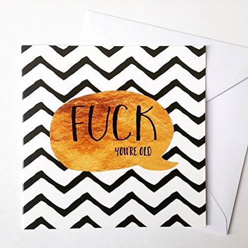 Mature funny swear birthday card for adults, humorous bad language card in chevron and gold foil print
