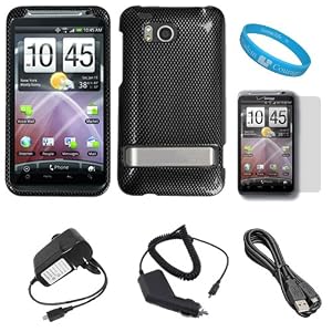 Carbon Fiber Rubberized 2 Piece Protective Durable Hard Crystal Case Cover for Verizon NEW Motorola HTC Thunderbolt 4G HD ADR6400 + Clear Screen Protector + Black Rapid Travel Wall Charger with IC Chip + Black Rapid Car Charger with IC Chip + Micro USB Data Cable Cord
