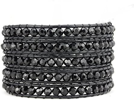 Handmade Leather Wrap Bracelet - Wrap Bracelets for Women - Five Rows Black Onyx Beads - Genuine Black Leather Wrap Surf Bracelet 34" to 36" - 30-day Risk-free Money-back Guarantee!