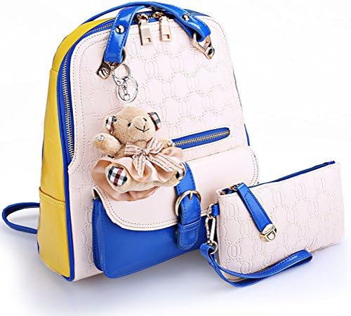 Girls' Leather Schoolbag Shoulder Travel Bag Khaki/Dark Blue