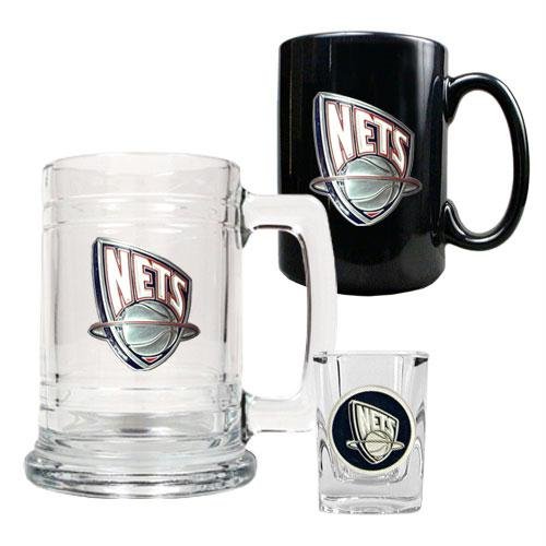 NBA New Jersey Nets 15-Ounce Tankard, 15-Ounce Ceramic Mug & 2-Ounce Shot Glass Set - Primary Logo
