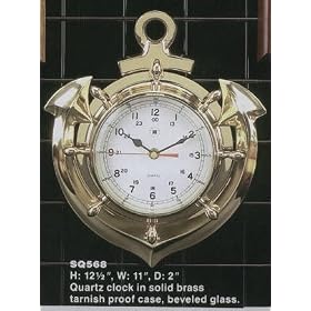 Nautical Ship's Wheel Clock with Anchor in Solid Brass Beveled Glass by