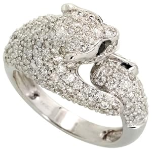 14k White Gold Diamond Panther Ring 1.80 Carats Brilliant Cut White Black Diamonds 3/8 in 10mm wide Size 7