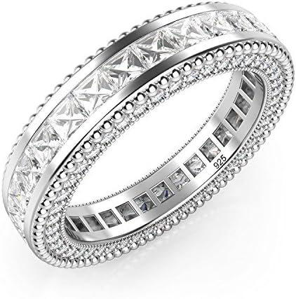 Vincy Sz 9 Sterling Silver 925 Princess Cut Cubic Zirconia CZ Milgrain Eternity Band Ring