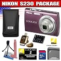 Nikon Coolpix S230 10MP Digital Camera with 3x Optical Zoom and 3 inch Touch Panel LCD (Plum) Package