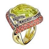18K Yellow Gold Lemon Quartz, Orange Sapphire and Black Diamond Ring (21.83ctw, G-H, VS)