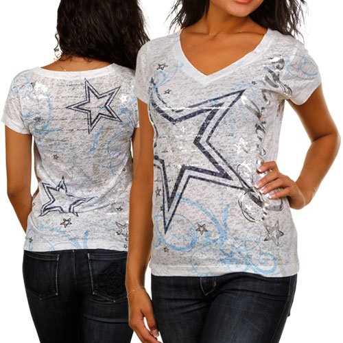 Dallas Cowboys Ladies Wilma Sublimated V-Neck Premium T-Shirt - White (Large)