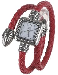AplusElek Stylish Knitting Faux Leather Rope Slim Women Bracelet Watch Elegant - Red