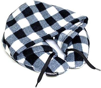 HoodiePillow Brand White Plaid Fleece Hooded Travel Pillow (Inflatable)