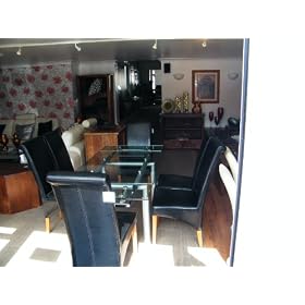 Extending Clear Glass Dining Table with Powder Coated Steel Legs & Six Banqueting Chairs