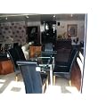 Extending Clear Glass Dining Table with Powder Coated Steel Legs & Six Banqueting Chairs