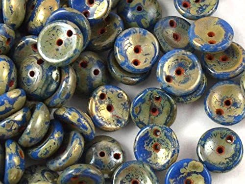 30pcs Piggy -Czech Glass Two-holes Pressed Beads, Dome-shaped 4x8 mm, Opaque Blue Picasso