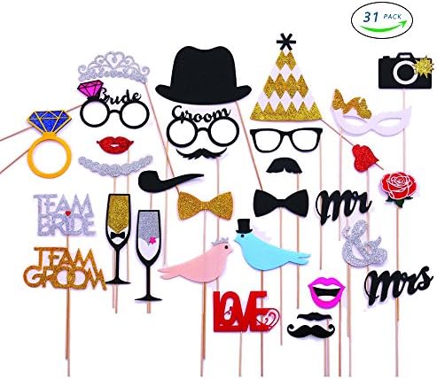 TPARTYCOM Photo Booth Props Kit for Wedding, Engagement, Bachelorette Party - 31 Count