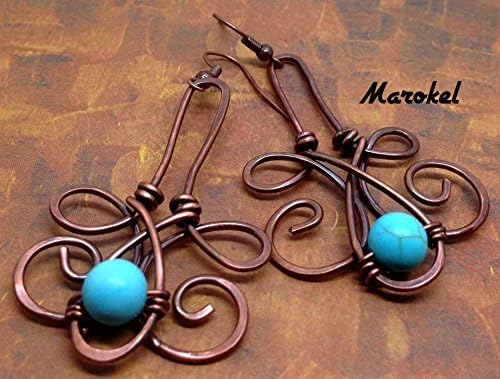 Turquoise Copper Earrings Abstract Coiled Wire Wrapped Oxidized Copper Southwest
