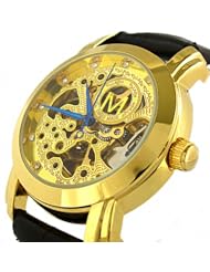 Specials Golden Skeleton Dail Black Leather Strap Automatic Mechanical Watch