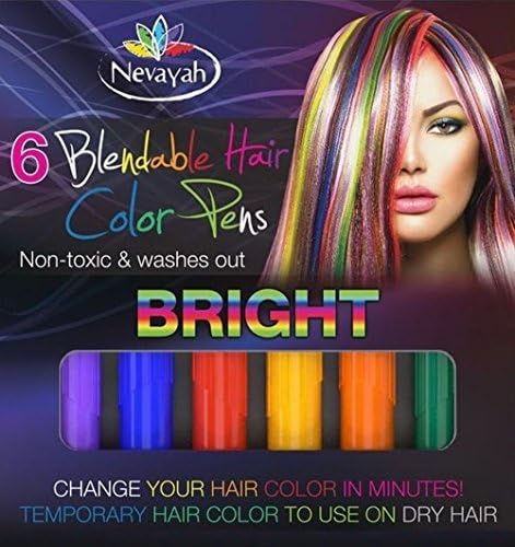 Nevayah Hair Chalk Temporary Hair Multicolor Dye Pens, Light Purple / Medium Blue / Red / Yellow / Orange / Dark Green (6 Pens) by Nevayah