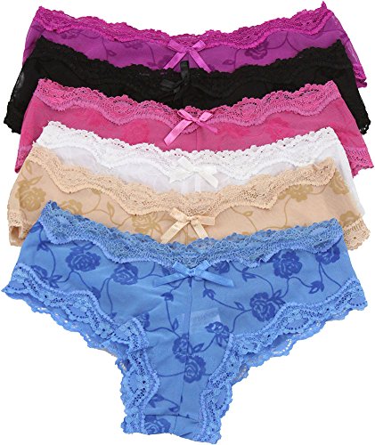 ToBeInStyle Women's Pack of 6 Panties in Rose Print Lace Sheer Style