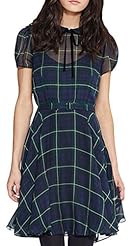 A-line Plaid Print Chiffon Puff Sleeves Belted Lace-Up Club Dress/Wedding Party Dress 
