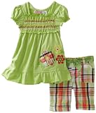 Young Hearts Girls 2-6x Floral Embroidery Jersey with Woven Plaid Bermuda Pant Set, Green, 3T