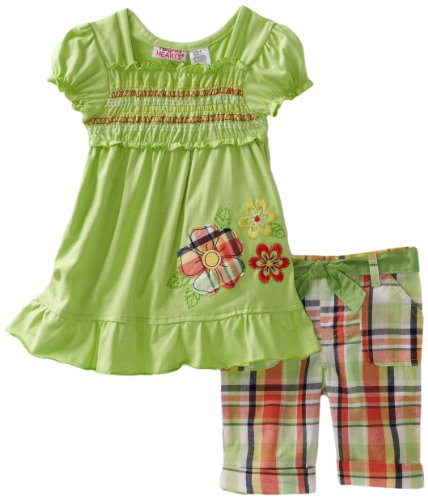 Cheap Young Hearts Toddler Girls Floral Embroidery Jersey with Woven Plaid Bermuda Pant Set