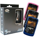 Combo of Black Pama Juno Bluetooth Headset with Black, Pink, Dark Blue Silicone Skin Cover Case for Blackberry 8350i Curve