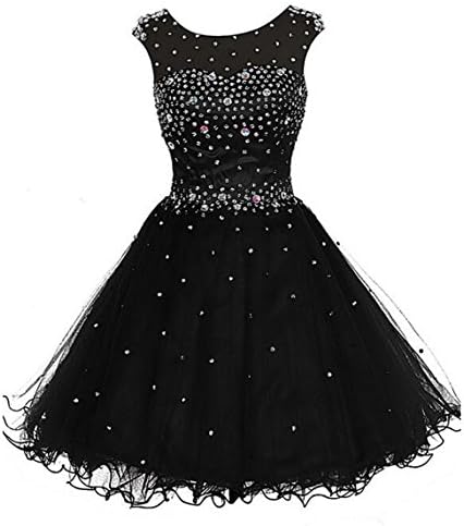 Endofjune Short Beading Prom Dress Hollow Back Tulle Evening Dresses US-4 Black