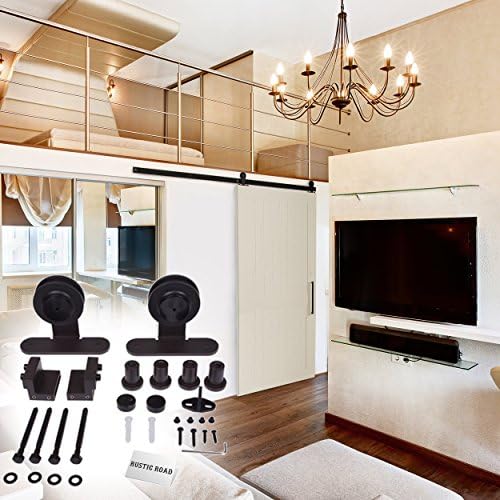 Rustic Road Barn Door Hardware Kit &amp; Track System - Top Mount, Matte Black Steel, 6.5 Foot Rail, Pre-Drilled Rail Holes at 16"