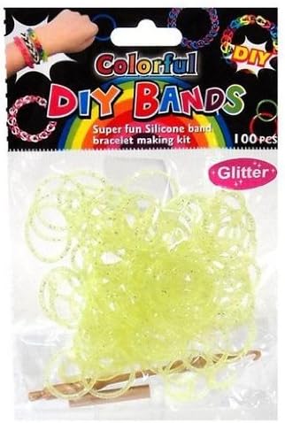Loom Bands Refills - 100 Count - GLITTER YELLOW (with crochet hook & buckles)