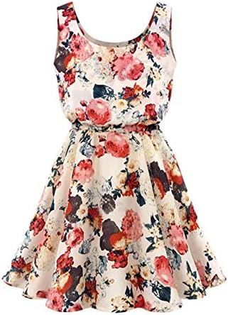 Vannice Casual Floral Print Sleeveless Chiffon Party Cocktail Mini Dress (L, White)