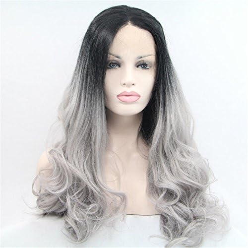 Angelbabyhair Ombre Gray Synthetic Lace Front Wig Body Wave Two Tone Natural black/Sliver Grey Heat Resistant Hair Women Wigs