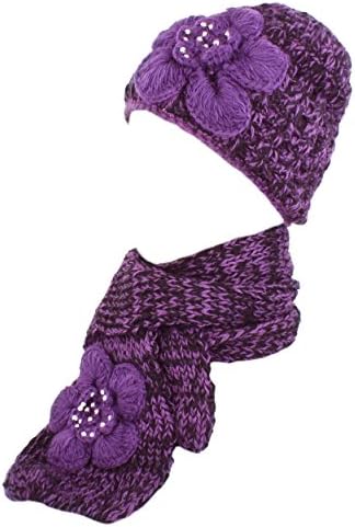 Kate Marie 'Sarah' Handcrafted Twisted Color Yarn Beanie Cap & Scarf Two Piece Set in Purple