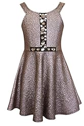 Girls Jeweled Faux-Leather/Polyester/Spandex Fit-and-Flare Scoop Neck Sleeveless  Dress