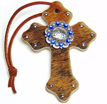 American River Tack Genuine Leather, Dark Brindle Hair On Roman Saddle Cross with Swarovski Crystal Concho, 3-1/4" x 4-1/2", Sapphire Blue