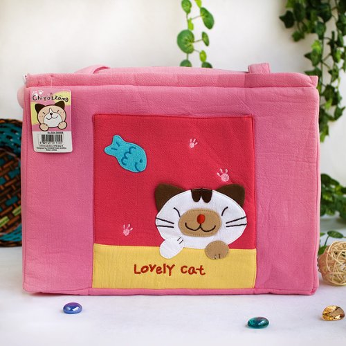 [Lovely Cat] Embroidered Applique Fabric Art Shoulder Tote Bag / Shopper Bag (12.2*8.4*4.4)