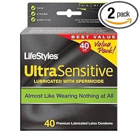 LifeStyles Extra Pleasure Brand 2046 Ultra Sensitive Condoms, with Spermicidal Lubricant, 40-Count Boxes (Pack of 2)