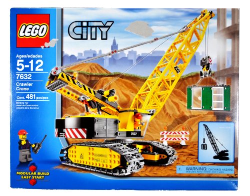 Lego Year 2009 City Series Construction Vehicle Set # 7632 - Crawler Crane with Moving Tracks, Lifting Mechanism, and Crane that Rotates 360 Degrees Plus 2 Construction Worker Minifigures, House Section and Barrier (Total Pieces: 481)
