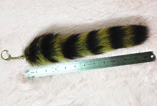 100% Real Fox Tail KeyChain Soft Fur Key Hang Large Handbag Accessory Tassel (Black/Yellow, 11"~13")