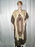 Free Ship Crepe Satin Printed Cream Brown Kaftan Kimono Sleeves Patio Wear Xl