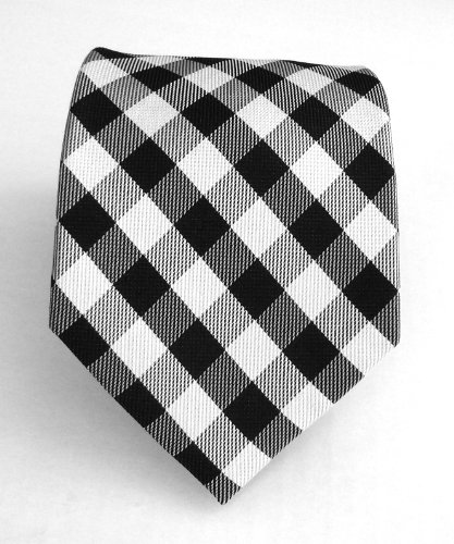 100% Silk Woven Black and White Plaid Tie