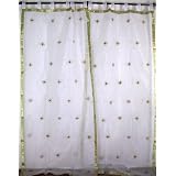2 White Sheer Mirror Embroidery Indian Curtains Panels by NovaHaat