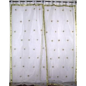 2 White Sheer Mirror Embroidery Indian Curtains Panels by NovaHaat