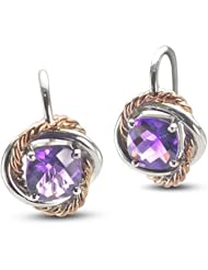 CleverEve Luxury Series Rhodium & Pink Plated Frenchwire Rope Accent Sterling Silver Earrings w/ Prong Set Cushion Cut Natural Genuine Amethyst Stones 3.58 ct. tw.