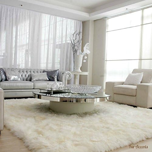 Plush Faux Fur Shaggy Shag - Soft Sheepskin Pelt Rug - Rectangle with Natural Edges RealisticWhite or Off White - Shag - Soft Ultra Suede Backing - Area Rug (5'x8', White)