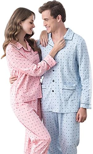 Gufuie Cotton Long Sleeve Matching Couples Pajama Set for Women Men Blue Large