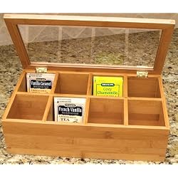 Lipper 8189 8-Compartment Tea Box with Clear Lid and Removable Dividers, Bamboo