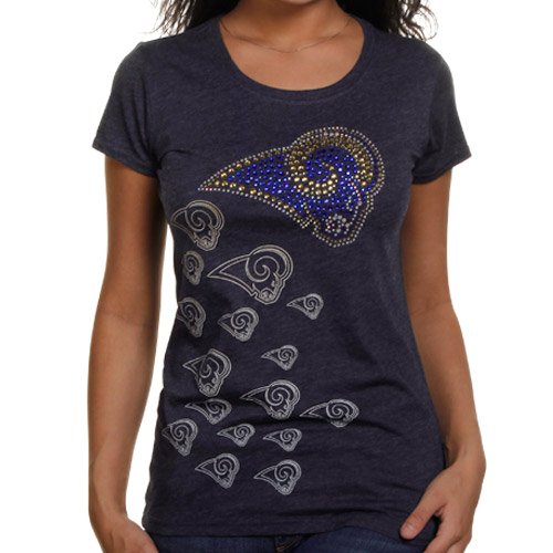 Reebok St. Louis Rams Ladies Multi Rhinestone Logo Premium T-Shirt - Navy Blue (Large)